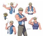  1boy animal_crossing artist_name bangs bara belt blue_eyes blue_jacket blush brown_hair brown_pants closed_mouth covered_eyes evinist facial_hair hair_between_eyes hair_over_one_eye holding holding_magnifying_glass jacket large_pectorals magnifying_glass male_focus multiple_views muscular muscular_male one_eye_covered pants pectorals personification purple_tank_top shep_(animal_crossing) short_hair sleeveless sleeveless_jacket smile stubble tank_top teeth white_tank_top 
