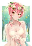  1girl bangs breasts cleavage closed_mouth collarbone dress earrings eyebrows_visible_through_hair flower hair_between_eyes hair_flower hair_ornament head_wreath highres idolmaster idolmaster_cinderella_girls jewelry jougasaki_mika looking_at_viewer medium_breasts necklace petals pink_flower pink_hair q-v_(levia) ring short_hair_with_long_locks sidelocks smile solo_focus sparkle strapless strapless_dress wedding_dress wedding_ring white_dress yellow_eyes yellow_flower 