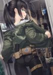  1girl ass assault_rifle bomber_jacket clothes_hanger ear_piercing flak_jacket from_behind gun gunbelt handgun highres holster jacket locker magazine_(weapon) original photo_(object) piercing pistol ponytail removing_jacket rifle samaru_(seiga) shotgun weapon 