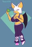  absurd_res anthro big_breasts bodily_fluids bottomwear breast_expansion breasts cleavage cleavage_overflow clothed clothing crop_top digital_media_(artwork) expansion female hi_res holding_object jewelry lactating lactating_through_clothing midriff nokamiwd pants rouge_the_bat sega shirt simple_background solo sonic_the_hedgehog_(series) topwear wet wet_clothing wings 