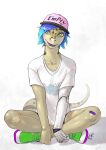  2022 5_fingers anthro blue_hair clothed clothing digital_media_(artwork) female fingers footwear gecko green_eyes hair hat headgear headwear hi_res ldr lizard looking_at_viewer reptile scalie shoes simple_background sitting smile solo white_background 
