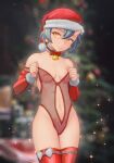  1girl bangs bare_shoulders bell blue_eyes blurry blurry_background bokeh breasts christmas christmas_tree clothing_cutout coat collarbone commentary cowboy_shot depth_of_field detached_collar detached_sleeves earrings fur-trimmed_headwear hair_between_eyes hat horns jewelry leotard leotard_under_clothes long_sleeves looking_at_viewer navel navel_cutout neck_bell nipples oni_horns original pussy red_coat red_legwear red_leotard santa_hat see-through short_hair small_breasts smile solo thighhighs yellow_eyes yugen99 