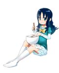  1girl 5t blue_eyes blue_hair bow bowl casual chopsticks eating eyebrows_visible_through_hair food full_body green_shirt heartcatch_precure! holding holding_chopsticks holding_spoon kneehighs kurumi_erika long_hair long_sleeves looking_at_viewer noodles precure puffy_long_sleeves puffy_sleeves ramen shirt simple_background sitting skirt solo soup spoon white_background white_legwear white_skirt yellow_bow 