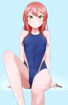  1girl absurdres bare_arms bare_legs blue_background blue_swimsuit blush breasts collarbone competition_swimsuit covered_navel grin hair_ornament hairclip highres invisible_chair kamidan long_hair looking_at_viewer one-piece_swimsuit original red_hair shiny shiny_hair sitting small_breasts smile solo straight_hair swimsuit wet yellow_eyes 