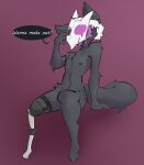  amputee anthro black_body black_fur canid canine dialogue disability fox fur goo_(disambiguation) hair hi_res humanoid laik_(notsafeforweh) male mammal mask nipples notsafeforweh open_mouth prosthetic prosthetic_limb sitting solo symbiote text trans_(lore) white_hair 