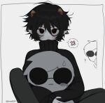  2boys absurdres anger_vein black_hair character_doll colored_skin dave_strider doll doll_hug grey_skin highres holding holding_doll homestuck horns iina934 karkat_vantas multiple_boys object_hug short_hair stuffed_toy sunglasses sweater troll_(homestuck) white_hair 