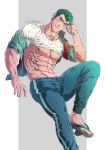  1boy abs artist_name bara bare_pectorals black_hair black_pants blush closed_mouth clothes_lift evinist geta highres jacket large_pectorals looking_at_viewer male_focus muscular muscular_male navel nipples norman_(pokemon) one_eye_closed open_clothes open_jacket pants pectorals pokemon pokemon_(game) pokemon_rse red_jacket shirt shirt_lift short_hair solo white_shirt 