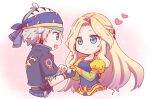  1boy 1girl blonde_hair blue_eyes celes_chere chibi couple cropped_jacket earrings final_fantasy final_fantasy_vi gloves grey_eyes grey_hair hair_ornament heart holding_hands jewelry lock_cole long_hair long_sleeves multicolored_clothes multicolored_headwear open_mouth pan_ff6 puffy_sleeves short_hair short_sleeves upper_body wavy_hair 