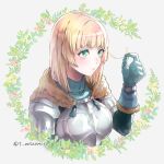  1girl aqua_gloves armor artist_name bangs blonde_hair breastplate commentary_request fire_emblem fire_emblem:_three_houses fire_emblem_warriors:_three_hopes fur_trim gloves green_eyes hand_up ingrid_brandl_galatea medium_hair shoulder_armor solo t_misaomaru twitter_username upper_body 