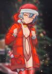 1girl bangs bell blue_eyes blurry blurry_background bokeh breasts christmas christmas_tree clothing_cutout coat commentary cowboy_shot depth_of_field detached_collar earrings fur-trimmed_headwear hair_between_eyes hat horns jewelry leotard leotard_under_clothes long_sleeves looking_at_viewer navel navel_cutout neck_bell oni_horns open_clothes open_coat original pussy red_coat red_legwear red_leotard santa_hat see-through short_hair small_breasts smile solo thighhighs yellow_eyes yugen99 
