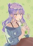  ! 1girl absurdres alternate_hairstyle azami_(etra-chan_wa_mita!) bangs blue_shirt blush collarbone commentary_request cup disposable_cup drink drinking etra-chan_wa_mita! eyebrows_visible_through_hair green_background hair_bun highres holding holding_cup holding_drink long_hair long_sleeves no_eyewear nyako_(lhq3p) off-shoulder_shirt off_shoulder purple_eyes purple_hair shirt solo table upper_body 