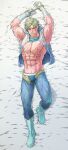  1boy abs artist_name bara bed blonde_hair blue_eyes blue_male_underwear blue_pants blue_vest blush boots captain_cold_(dc) clothes_lift dakimakura_(medium) dc_comics evinist gloves goggles goggles_around_neck highres hood hood_down hooded_vest hoodie jockstrap justice_league large_pectorals leonard_snart lying male_focus male_underwear male_underwear_peek muscular muscular_male navel nipples on_back on_bed open_clothes open_fly open_vest pants pectorals short_hair solo underwear unzipped vest white_gloves white_vest zipper zipper_pull_tab 