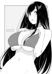  1girl bikini bikini_top_only blush breasts commentary_request dated grey_background greyscale groin highres kichihachi large_breasts long_hair looking_at_viewer monochrome navel open_mouth original out-of-frame_censoring solo stomach swimsuit twitter_username two-tone_background white_background 
