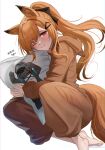  1girl ;) absurdres animal_ears arknights barefoot beruko14 blush ceobe_(arknights) dakimakura_(object) dated doctor_(arknights) dog_ears dog_girl dog_tail highres hood hood_down hooded_pajamas invisible_chair long_hair long_sleeves object_hug official_alternate_costume one_eye_closed orange_hair pajamas pillow ponytail red_eyes sidelocks signature sitting smile solo tail tail_through_clothes 