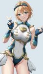  1girl blonde_hair blush breasts cleavage cyborg fiora_(xenoblade) gloves green_eyes highres large_breasts leotard looking_at_viewer short_hair simple_background smile solo spoilers thighs thrananaart v xenoblade_chronicles xenoblade_chronicles_(series) 