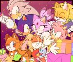  ! 3boys 4girls :&gt; ^_^ absurdres amy_rose animal_ears animal_nose arm_around_neck arm_up bare_shoulders bike_shorts birthday black_border blaze_the_cat blue_eyes blue_fur blue_hair blush body_fur border bow bowtie box brown_hair cat_ears cat_girl chao_(sonic) cheese_(sonic) child closed_eyes closed_mouth commentary confetti constricted_pupils cream_the_rabbit dress embarrassed english_commentary fang flat_chest forehead_jewel fox_boy fox_ears fox_tail furry furry_female furry_male gem gift gift_box gloves gradient gradient_background green_dress green_eyes grey_fur grey_hair grey_outline grin hair_tie hairband happy high_heels highres holding holding_box holding_gift holding_party_popper hug light_blush long_hair looking_at_another looking_back looking_up marine_the_raccoon multicolored_hair multiple_boys multiple_girls nervous nose_blush one_eye_closed open_mouth orange_eyes orange_footwear orange_fur orange_gloves orange_hair outline outside_border party party_popper pink_footwear pink_fur pink_hair pink_outline pointing purple_background purple_fur purple_hair purple_outline rabbit_ears rabbit_girl rabbit_tail raccoon_ears raccoon_girl raccoon_tail red_bow red_bowtie red_dress red_gemstone red_hairband shoes short_dress short_hair sidelocks sideways_mouth silver_the_hedgehog simple_background smile sonic_(series) sonic_the_hedgehog spiked_hair stellarspin strapless strapless_dress sweat tail tails_(sonic) topknot traditional_bowtie twintails two-tone_fur two-tone_hair white_fur white_gloves yellow_eyes yellow_fur yellow_outline 