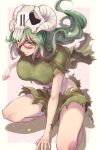  1girl arrancar between_legs bleach breasts brown_eyes full_body green_hair green_shirt green_skirt hand_between_legs horns large_breasts lips long_hair looking_at_viewer midriff nelliel_tu_odelschwanck shirt skirt skull solo soraao0322 squatting 