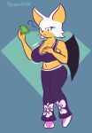  absurd_res anthro big_breasts bottomwear breast_expansion breasts cleavage cleavage_overflow clothed clothing crop_top digital_media_(artwork) expansion female hi_res holding_object jewelry midriff nokamiwd pants rouge_the_bat sega shirt simple_background solo sonic_the_hedgehog_(series) topwear wings 