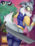  anthro asuri_(brawlhalla) big_butt blue_clothing blush bracelet brawlhalla butt clothing duo felid feline female fluffy fluffy_tail fur green_eyes grey_body grey_fur hands_on_wall hi_res human jewelry katana koji_(brawlhalla) looking_back male mammal melee_weapon midriff pantherine plant shado3 shoulder_pads signature sword tiger tree weapon 