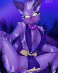  absurd_res anthro asuri_(brawlhalla) breasts crouching felid feline female fur genitals hi_res jewelry looking_at_viewer mammal markings mostly_nude necklace night pantherine plant purple_body purple_fur pussy shado3 shrub signature skimpy_dress solo tiger white_markings 