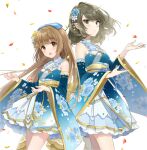  2girls :d blue_eyes blue_flower blue_rose blush bow brown_eyes brown_hair closed_mouth cowboy_shot detached_sleeves dress floating_hair floral_print flower green_eyes hair_bow hair_flower hair_ornament heterochromia idolmaster idolmaster_cinderella_girls layered_dress long_hair long_sleeves mole mole_under_eye multiple_girls open_mouth print_sleeves q-v_(levia) rose short_dress sleeveless sleeveless_dress smile standing striped striped_bow takagaki_kaede very_long_hair white_background white_flower wide_sleeves yellow_flower yellow_rose yorita_yoshino 