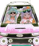  2girls blue_hair car car_interior ddari eyewear_on_head green_eyes ground_vehicle highres hiiragi_kagami izumi_konata long_hair lucky_star mole mole_under_eye motor_vehicle multiple_girls open_mouth petite purple_hair ryouou_school_uniform school_uniform sunglasses sweat tsurime twintails 