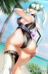  1girl absurdres ass ass_grab beach black_swimsuit blue_sky breasts casual_one-piece_swimsuit cloud covered_nipples day double_bun finana_ryugu fish_girl from_behind grabbing_own_ass halterneck head_fins highres horizon jaynessly long_hair looking_at_viewer looking_back medium_breasts nail_polish nijisanji nijisanji_en obi ocean official_alternate_costume one-piece_swimsuit outdoors palm_tree purple_eyes sand sash single_thighhigh sky solo standing sweat swimsuit thighhighs tree virtual_youtuber water 