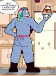  2022 alien alien_humanoid apron bismuth_(steven_universe) butt cartoon_network clothed clothing detailed_background dialogue digital_drawing_(artwork) digital_media_(artwork) english_text female food gem_(species) hair hi_res holding_food holding_object humanoid lewdware looking_at_viewer shaded signature solo speech_bubble steven_universe text video_in_description 