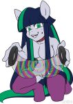  absurd_res bangs beauty_mark blue_hair braces breasts clothing collar crouching earth_pony english_text equid equine fan_character female genitals green_eyes green_hair hair hasbro hi_res horse hypnotic_visor kandlin legwear looking_at_viewer mammal my_little_pony pony pussy silvercomb_(oc) smile stockings straight_hair text text_on_eyewear 