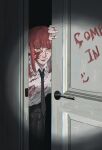  1girl absurdres artist_name bangs black_necktie black_pants blood blood_on_clothes blood_on_face blood_on_hands blood_writing chainsaw_man door doorway highres light makima_(chainsaw_man) necktie opening_door pachiccc pants red_hair ringed_eyes sinister smile smiley_face solo yellow_eyes 