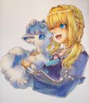  1girl alolan_vulpix blonde_hair blue_dress blue_eyes bow character_request collarbone dress from_side highres holding holding_pokemon mochi._(mochi_kga) one_eye_closed open_mouth pink_bow pokemon pokemon_(creature) pokemon_(game) pokemon_sm smile traditional_media white_background 