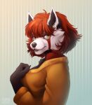  2022 ailurid anthro black_body black_fur black_nose breasts brown_body brown_fur brown_hair clothed clothing digital_media_(artwork) female fur hair hi_res looking_at_viewer mammal red_panda smile sunnyowi tan_eyes 