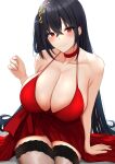  1girl absurdres arm_support asymmetrical_hair azur_lane bangs black_hair blush breasts choker cleavage closed_mouth commentary cowboy_shot crossed_bangs dress eyebrows_visible_through_hair furrowed_brow hair_between_eyes hair_ornament halter_dress halterneck highres large_breasts long_hair looking_at_viewer minato81345 official_alternate_costume red_choker red_dress red_eyes side_ponytail simple_background sitting sleeveless sleeveless_dress smile solo spaghetti_strap straight_hair taihou_(azur_lane) taihou_(forbidden_feast)_(azur_lane) thighhighs white_background zettai_ryouiki 