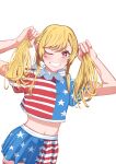 1girl absurdres adapted_costume alternate_hairstyle american_flag_legwear american_flag_shirt american_flag_skirt arms_up bangs blush breasts closed_mouth clownpiece commentary_request eyebrows_visible_through_hair fingernails hair_between_eyes hands_up highres long_fingernails long_hair looking_at_viewer medium_breasts miniskirt nail_polish navel neck_ruff no_hat no_headwear one_eye_closed pink_nails red_eyes sazaki_(sakiyuikun) shirt short_sleeves simple_background skirt smile solo standing star_(symbol) star_in_eye star_print striped striped_legwear striped_shirt striped_skirt symbol_in_eye t-shirt teeth thighhighs touhou twintails v-shaped_eyebrows white_background 