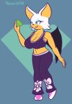  absurd_res anthro big_breasts bottomwear breasts cleavage cleavage_overflow clothed clothing crop_top digital_media_(artwork) female hi_res holding_object jewelry midriff nokamiwd pants rouge_the_bat sega shirt simple_background solo sonic_the_hedgehog_(series) topwear wings 