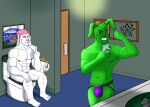  anthro black_sclera clothing duo fafnir_stardust_(artist) feet green_body green_pupils hair hi_res humanoid_feet humanoid_hands humor jockstrap lagomorph leporid male mammal muscular muscular_anthro muscular_male pink_hair pink_pubes pink_pupils pubes pupils rabbit toilet toilet_paper toilet_use underwear white_body 