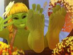  accessory barefoot biped blep blush braided_hair clothed clothing dirty_feet feet female flower flower_in_hair foot_focus green_body green_skin hair hair_accessory hi_res humanoid humanoid_feet looking_at_viewer nessel_(shugariosa) nipples not_furry plant plantigrade shugariosa smile soles solo toes tongue tongue_out 