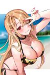  1girl bangs beach bikini black_bikini blonde_hair blurry blurry_background blush breasts cleavage commentary cowboy_shot day ear_piercing floral_print grin jewelry kitagawa_marin large_breasts leaning_forward lips long_hair looking_at_viewer mikan03_26 nail_polish necklace o-ring o-ring_bikini ocean one_eye_closed outdoors parted_bangs piercing red_eyes red_nails side-tie_bikini sidelocks smile solo sono_bisque_doll_wa_koi_wo_suru standing swimsuit v v_over_eye 