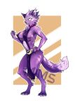  anthro big_breasts breasts clothing dress felid feline female fluffy fluffy_tail fur hands_on_hips hi_res jewelry mammal mimsy necklace nipple_outline pantherine purple_body purple_clothing purple_dress purple_fur signature simple_background skimpy_dress solo thick_thighs tiger wide_hips 