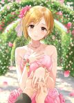  1girl aiba_yumi arm_strap bangs bare_shoulders blonde_hair blurry blurry_background blush brown_eyes collarbone dappled_sunlight dress earrings eyebrows_visible_through_hair flower hair_flower hair_ornament highres idolmaster idolmaster_cinderella_girls jewelry looking_at_viewer parted_lips petals pink_dress pink_flower pink_rose pov q-v_(levia) ring rose short_hair sleeveless sleeveless_dress solo_focus sparkle sunlight wedding_dress wedding_ring 