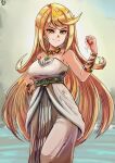  1girl bangs bare_shoulders blonde_hair breasts cosplay dress earrings gem highres jewelry long_hair looking_at_viewer mythra_(xenoblade) princess_zelda princess_zelda_(cosplay) simple_background solo stoic_seraphim swept_bangs the_legend_of_zelda the_legend_of_zelda:_breath_of_the_wild very_long_hair water xenoblade_chronicles_(series) xenoblade_chronicles_2 yellow_eyes 