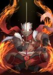  absurd_res accessory asian_clothing burn_scar canid canine chaps clothing east_asian_clothing fire fundoshi hair headband hi_res japanese_clothing lifewonders looking_at_viewer male mammal melee_weapon muscular muscular_male red_eyes scar scarf smile smirk solo sword tadatomo tokyo_afterschool_summoners underwear video_games weapon white_hair yellow_sclera 
