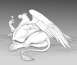 after_vore alcohol ambiguous_gender avian beak belly beverage big_belly butt container cup drinking_glass duo feral feral_pred glass glass_container glass_cup greyscale gryphon gryphon_pred hi_res hindpaw looking_down monochrome mythological_avian mythology paws sketch thatgryphonguy vore wine wine_glass wings 