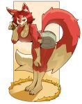  2021 absurd_res anthro barefoot bottomwear breasts canid canine ceehaz clothing digital_media_(artwork) feet female fox fur hair hi_res inner_ear_fluff leaning leaning_forward long_tail looking_at_viewer mammal red_body red_eyes red_fur red_hair regys_(carp) shorts simple_background smile solo standing tuft 
