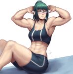  1girl abs absurdres alternate_muscle_size breasts exercising glasses green_eyes green_hair highres jujutsu_kaisen muscular muscular_female ponytail simple_background sit-up solo speedl00ver sportswear sweat zen'in_maki 