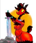  anthro belly big_butt breasts butt camelid chest_tuft collar demon female fur genitals hella_(oriole) holding_object holding_sword holding_weapon huge_butt llama long_neck mammal melee_weapon mittz_(artist) nude pussy red_body simple_background solo spiked_collar spikes sword sword_in_ground sword_in_stone thick_thighs toony tuft weapon yellow_eyes 