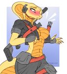  2021 anthro blush breasts clothed clothing cobra female fingerless_gloves gloves gun handwear haxxyramdhan hi_res keeva ranged_weapon reptile rifle scales scalie signature simple_background snake snake_hood solo wardrobe_malfunction weapon yellow_body yellow_scales 