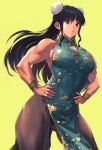  1girl abs bangs black_eyes black_hair bracelet breasts bun_cover china_dress chinese_clothes cleavage_cutout clothing_cutout double_bun dress hair_bun hands_on_hips highres jewelry large_breasts long_hair mikel_(4hands) muscular muscular_female original thick_thighs thighhighs thighs 
