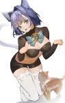  1girl :d alternate_costume animal_ear_fluff animal_ear_legwear animal_ears artist_name bike_shorts blue_eyes blue_hair blush bow bowtie breasts cat cat_ear_legwear cat_ears cat_tail cleavage drowzzi dutch_angle highres hololive hololive_english kemonomimi_mode kneeling large_breasts long_sleeves looking_at_viewer navel ouro_kronii paw_pose photoshop_(medium) short_hair simple_background smile tail virtual_youtuber white_background white_legwear 
