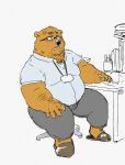  2022 anthro belly big_belly black_nose bottomwear clothing eyewear glasses hi_res humanoid_hands kemono male mammal overweight overweight_male pants pommn_mn shirt sitting solo topwear ursid 